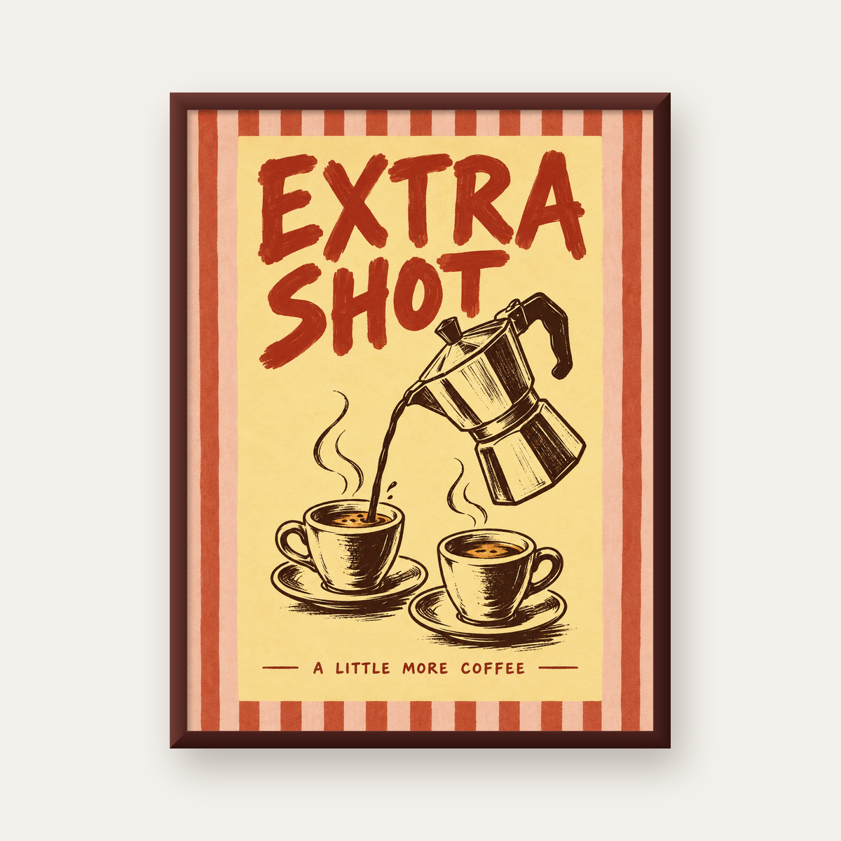 Retro Moka Pot ve Kahve Çizimli Poster – EXTRA SHOT — ceviz çerçeveli