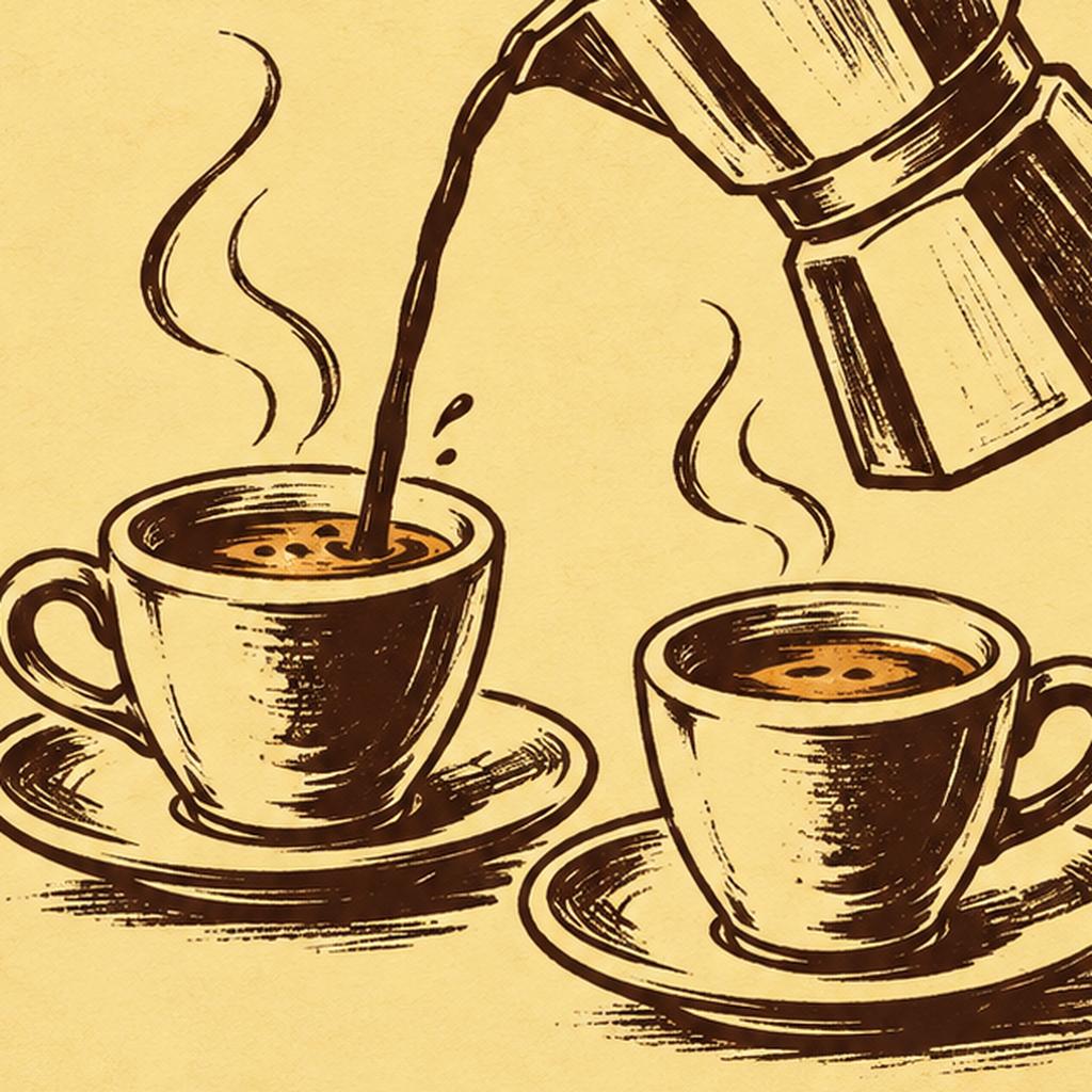 Retro Moka Pot ve Kahve Çizimli Poster – EXTRA SHOT — baskının yakın çekimi, kâğıt dokusu ve renk detayı