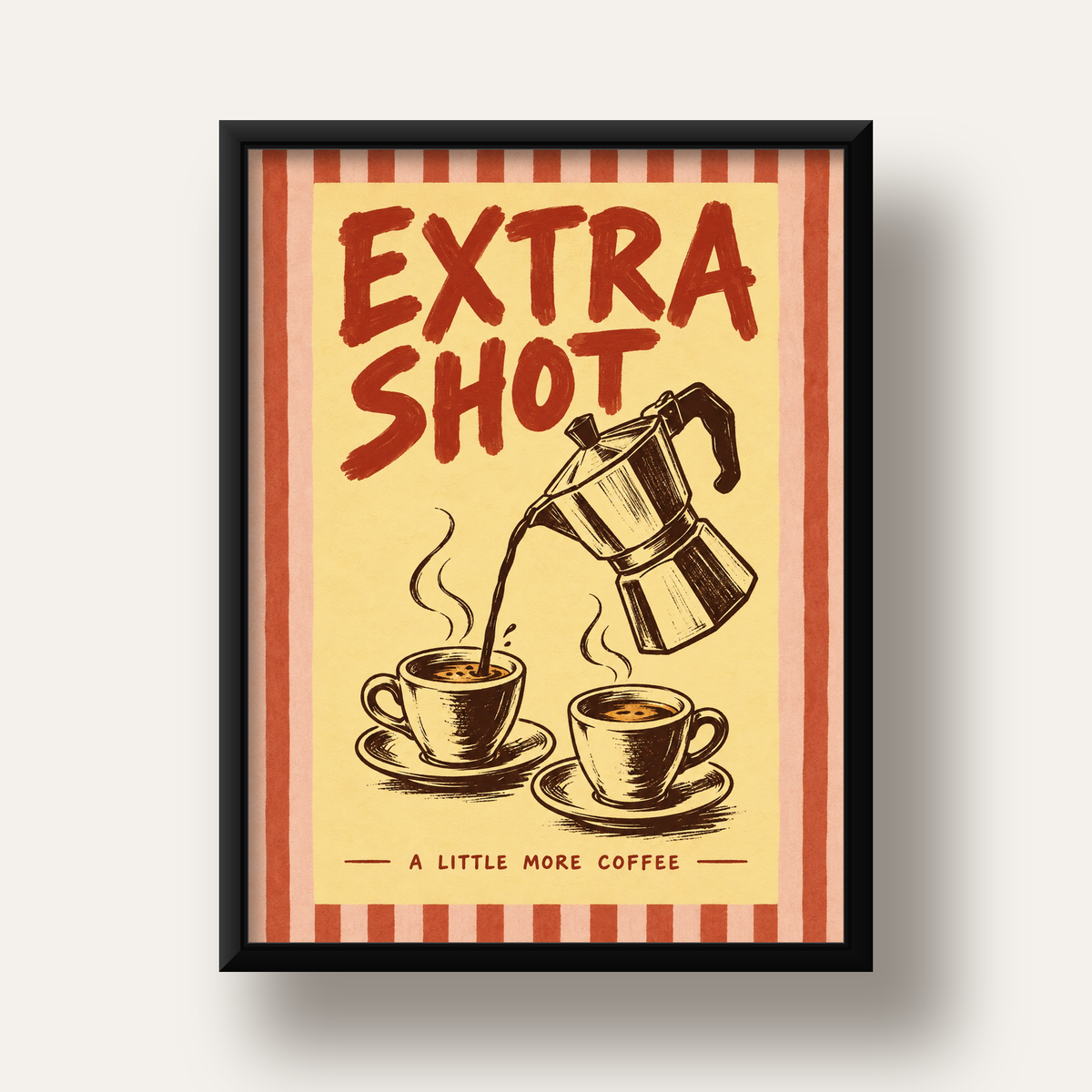 Retro Moka Pot ve Kahve Çizimli Poster – EXTRA SHOT — siyah derin çerçeveli