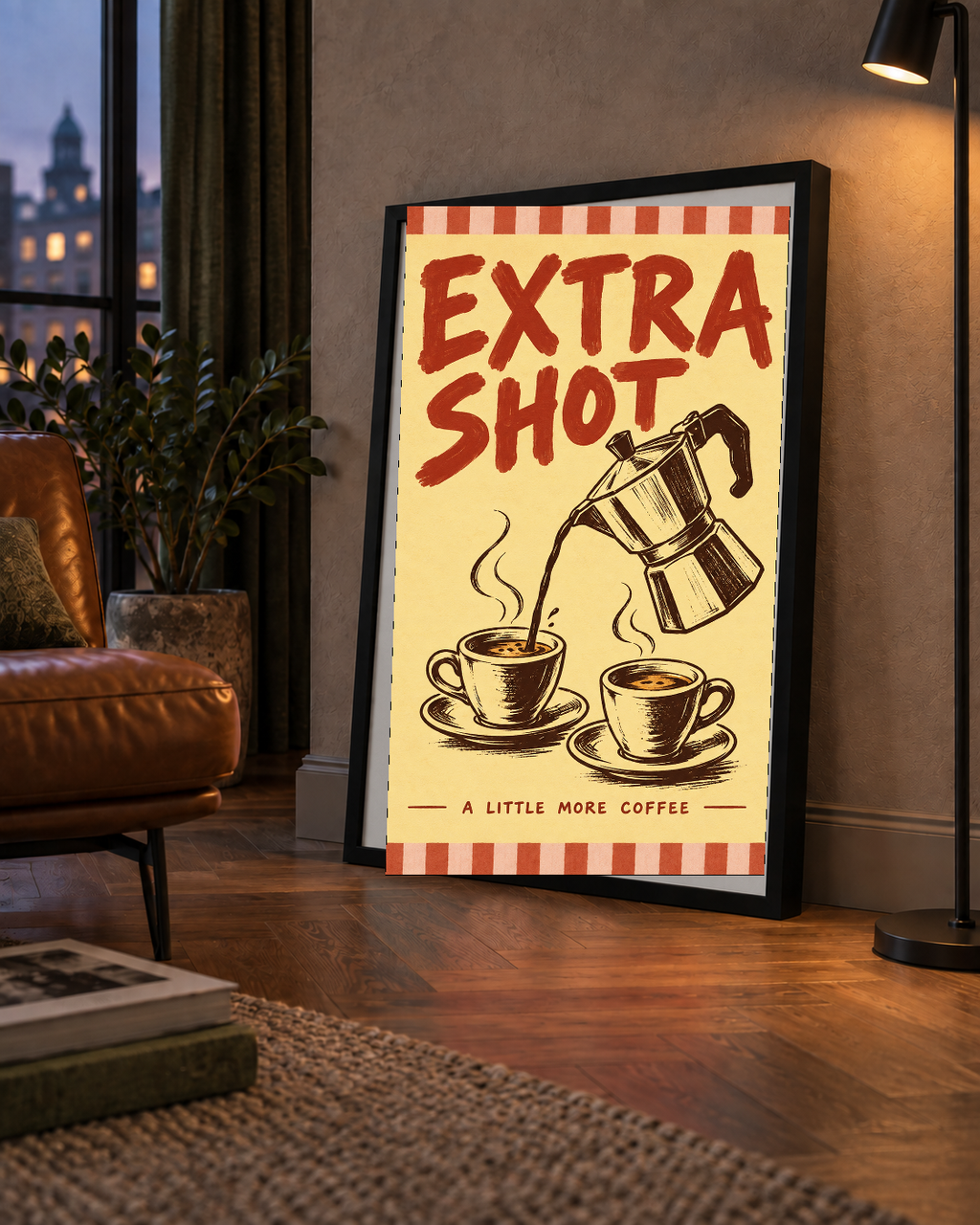 Retro Moka Pot ve Kahve Çizimli Poster – EXTRA SHOT