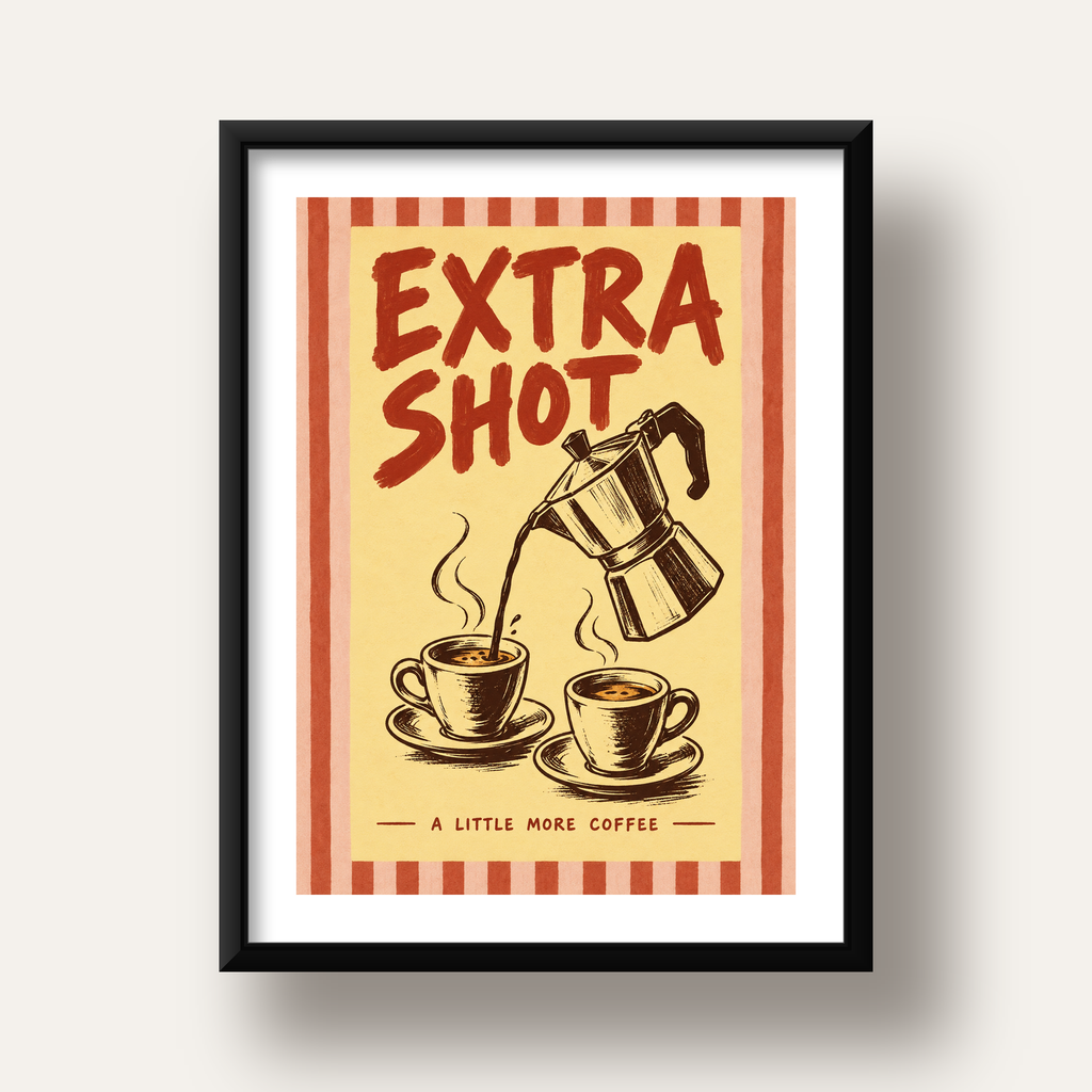 Retro Moka Pot ve Kahve Çizimli Poster – EXTRA SHOT — siyah derin çerçeveli paspartulu