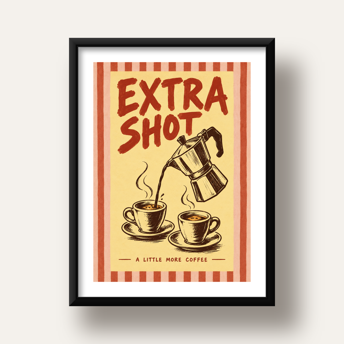 Retro Moka Pot ve Kahve Çizimli Poster – EXTRA SHOT — siyah derin çerçeveli paspartulu