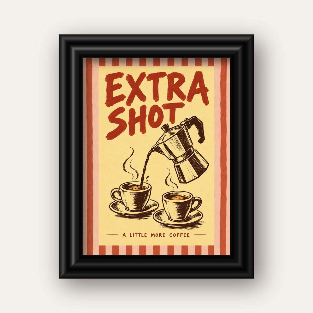 Retro Moka Pot ve Kahve Çizimli Poster – EXTRA SHOT — siyah galeri çerçeveli