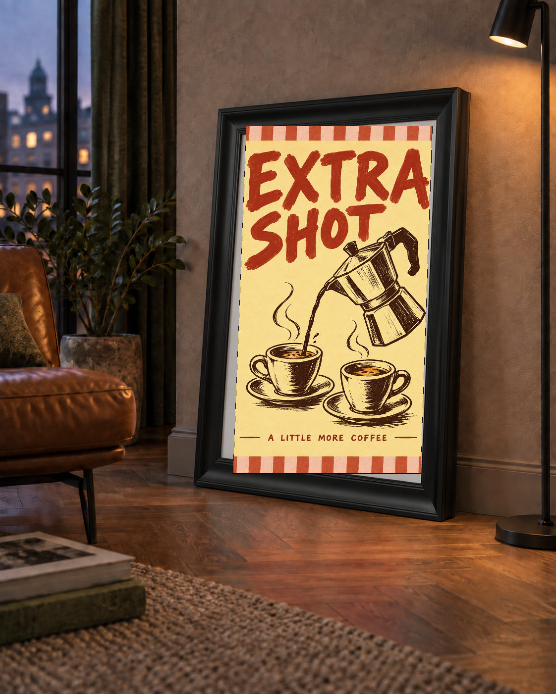 Retro Moka Pot ve Kahve Çizimli Poster – EXTRA SHOT