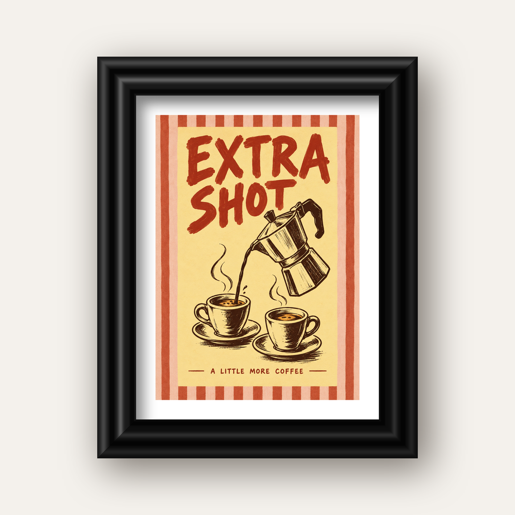 Retro Moka Pot ve Kahve Çizimli Poster – EXTRA SHOT — siyah galeri çerçeveli paspartulu