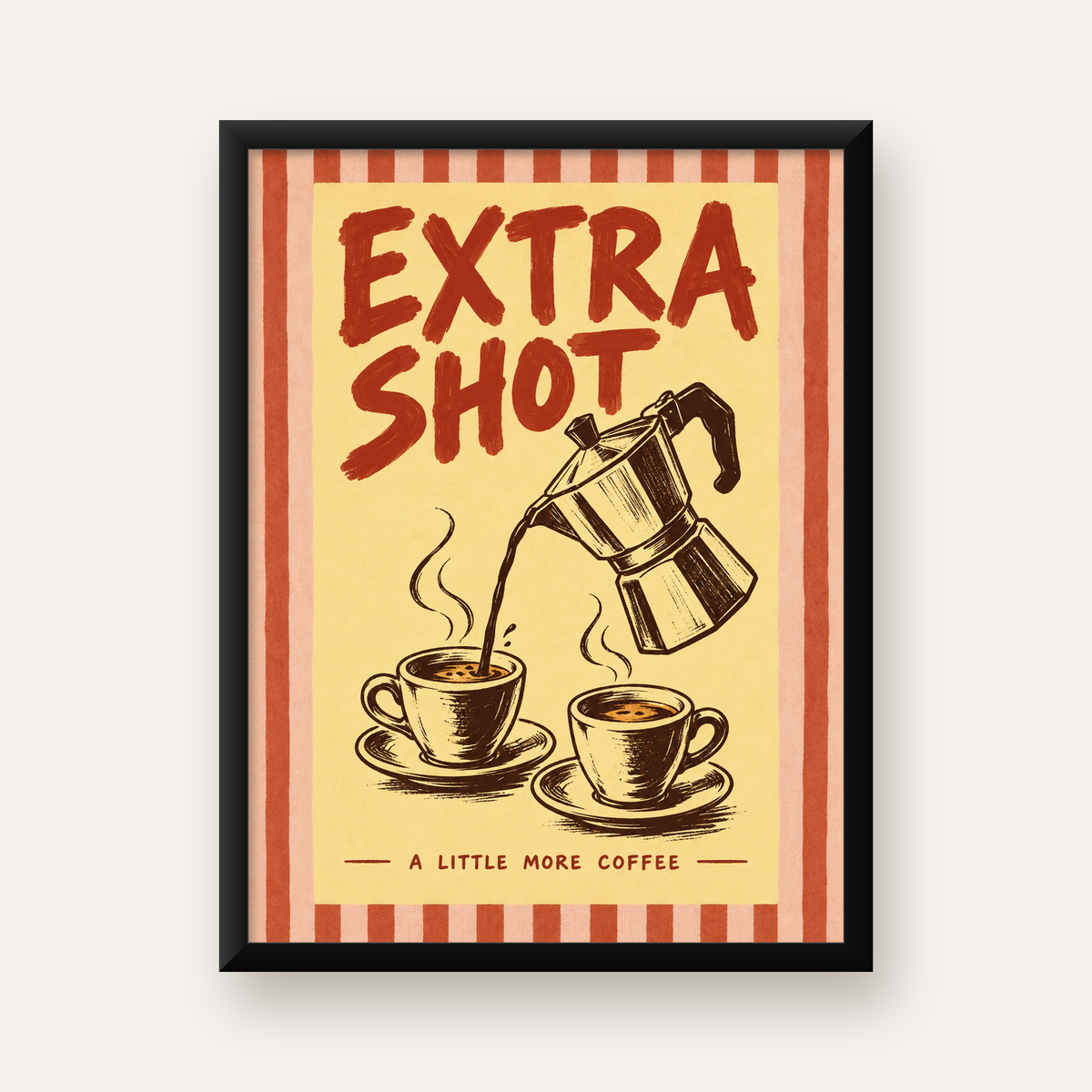 Retro Moka Pot ve Kahve Çizimli Poster – EXTRA SHOT — Dikey baskı, düz siyah çerçeveli duvar posteri
