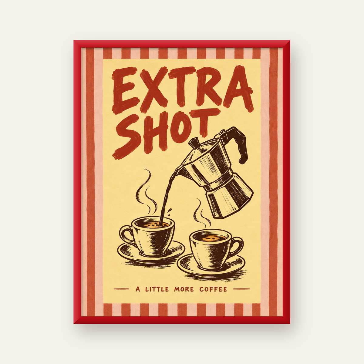 Retro Moka Pot ve Kahve Çizimli Poster – EXTRA SHOT — kırmızı çerçeveli