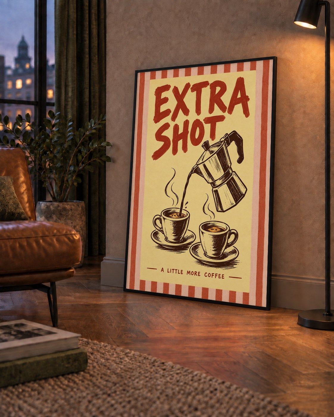 Retro Moka Pot ve Kahve Çizimli Poster – EXTRA SHOT — çerçeveli hâliyle bir ev duvarında