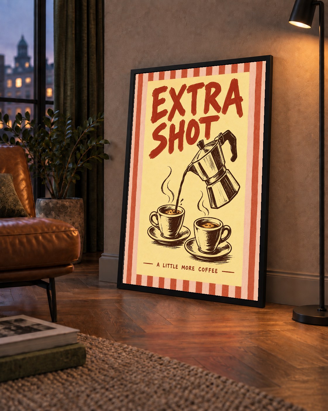 Retro Moka Pot ve Kahve Çizimli Poster – EXTRA SHOT