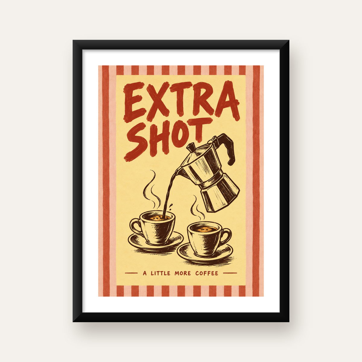 Retro Moka Pot ve Kahve Çizimli Poster – EXTRA SHOT — Dikey baskı, beyaz paspartulu