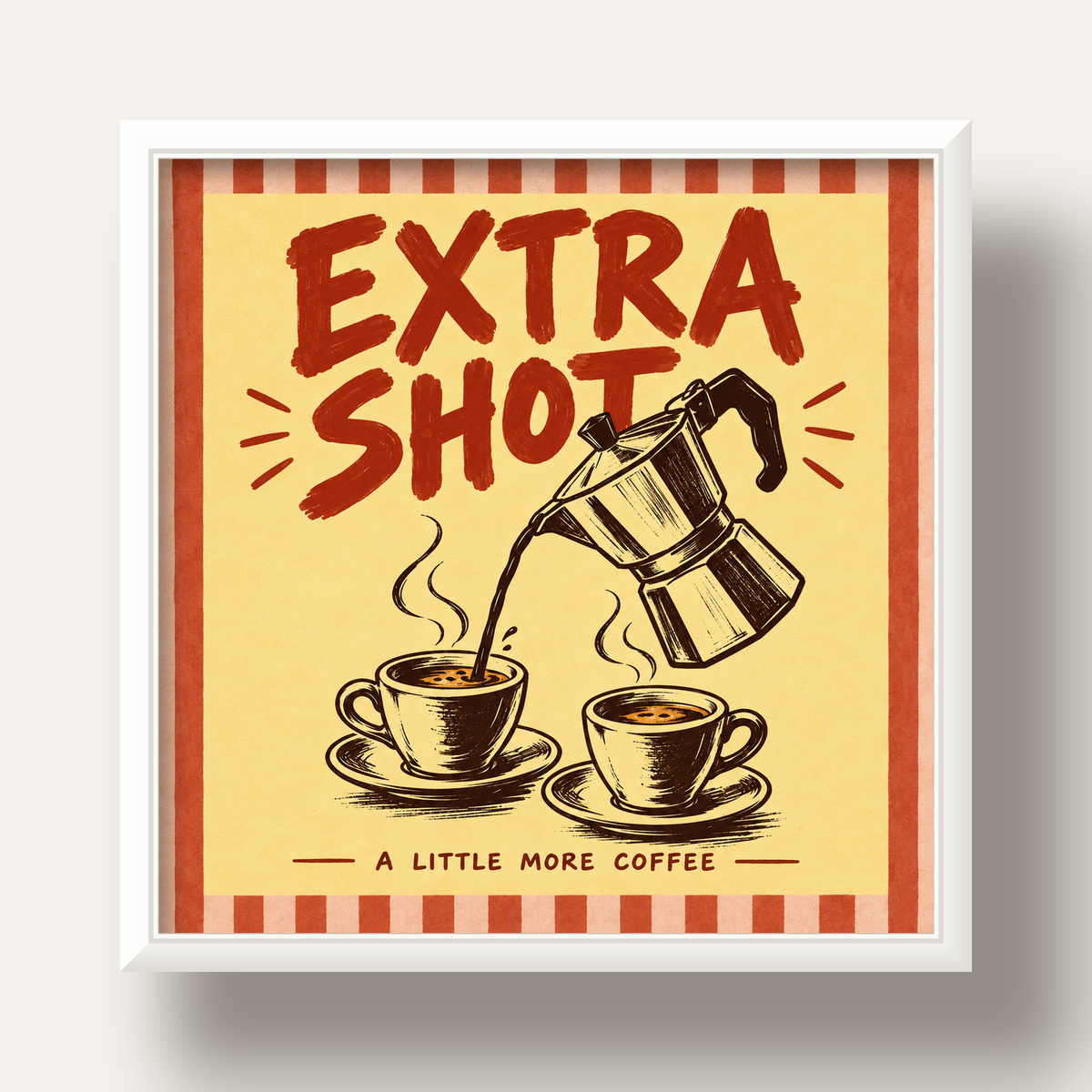 Retro Moka Pot ve Kahve Çizimli Poster – EXTRA SHOT — beyaz derin çerçeveli