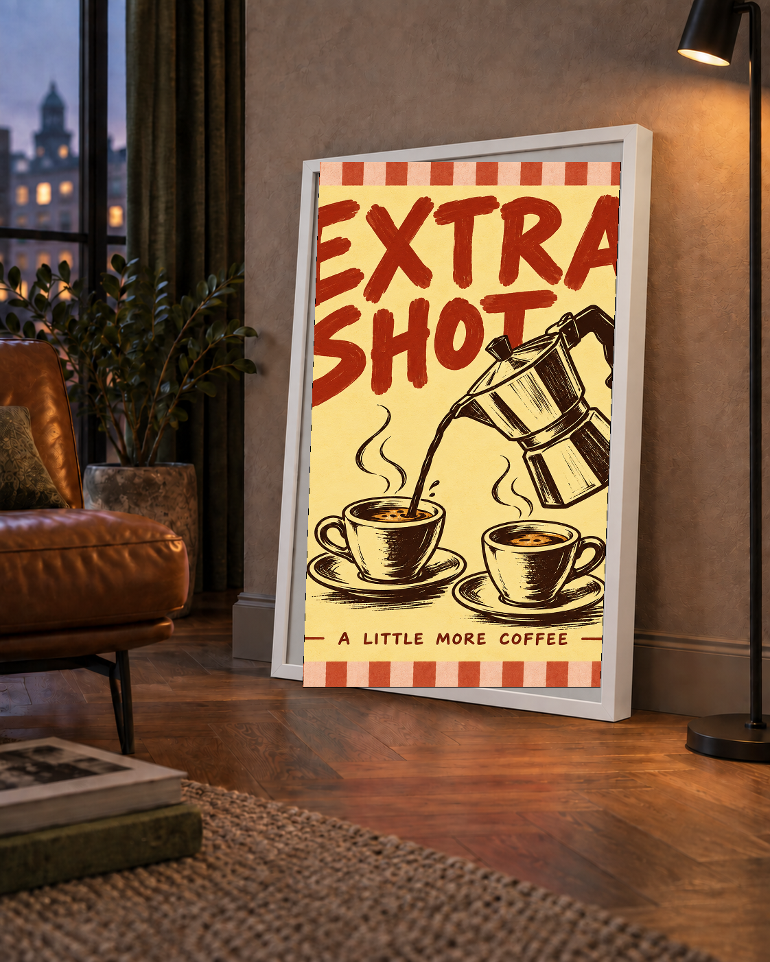 Retro Moka Pot ve Kahve Çizimli Poster – EXTRA SHOT