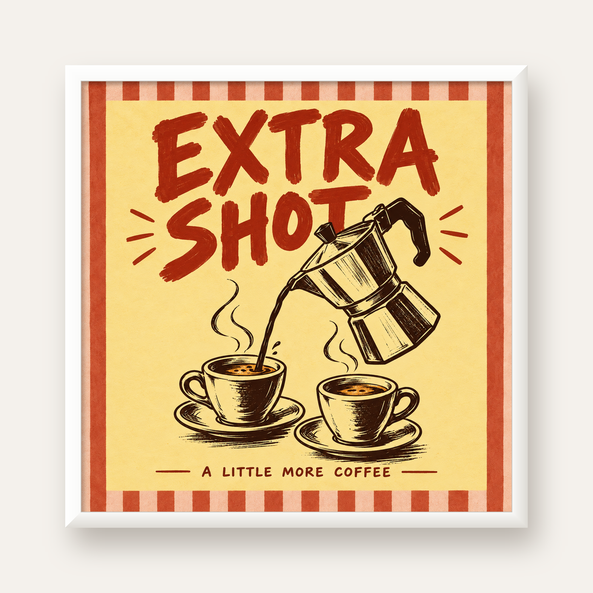 Retro Moka Pot ve Kahve Çizimli Poster – EXTRA SHOT — beyaz çerçeveli kare poster