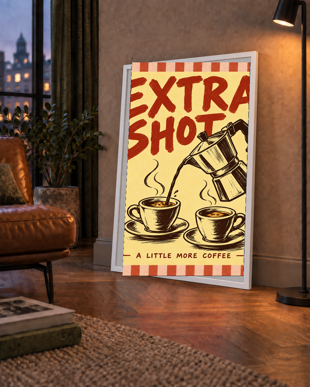 Retro Moka Pot ve Kahve Çizimli Poster – EXTRA SHOT
