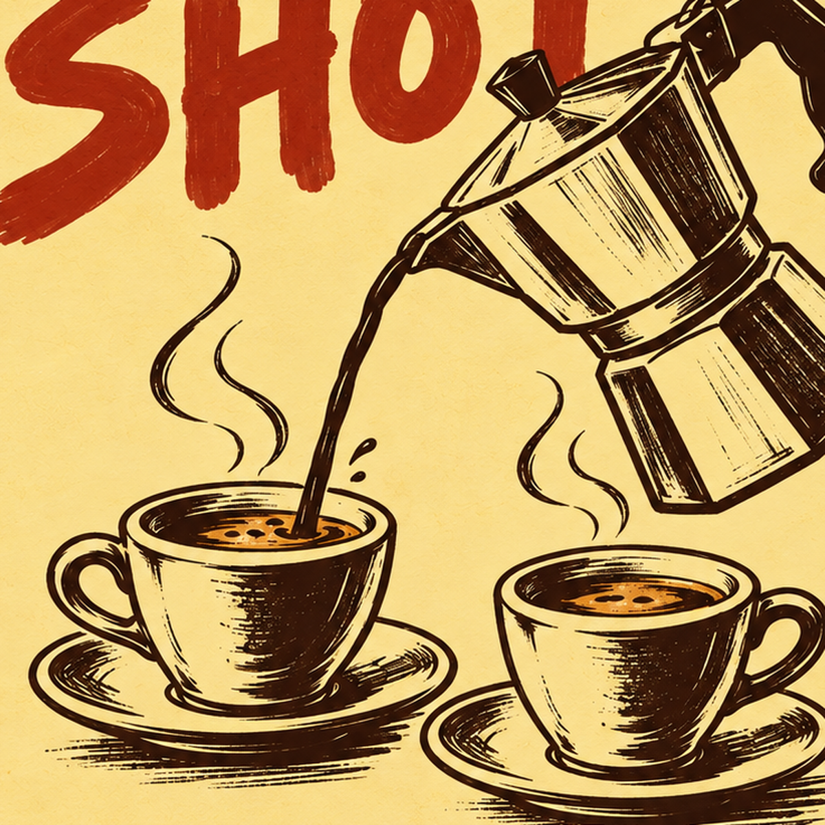 Retro Moka Pot ve Kahve Çizimli Poster – EXTRA SHOT — baskının yakın çekimi, kâğıt dokusu ve renk detayı