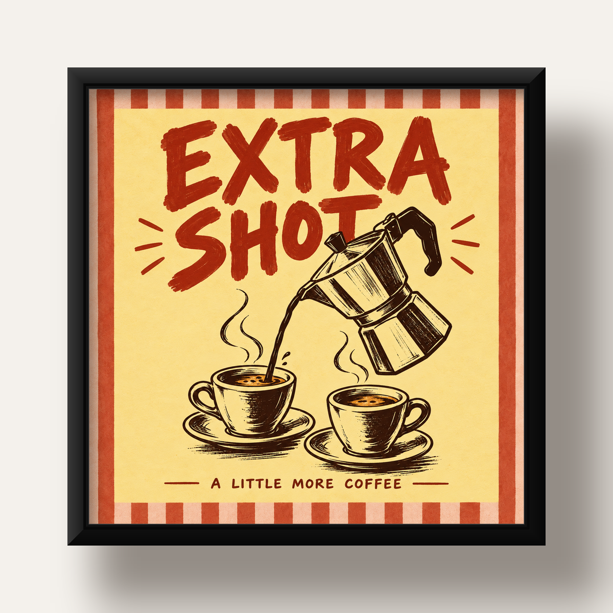 Retro Moka Pot ve Kahve Çizimli Poster – EXTRA SHOT — siyah derin çerçeveli