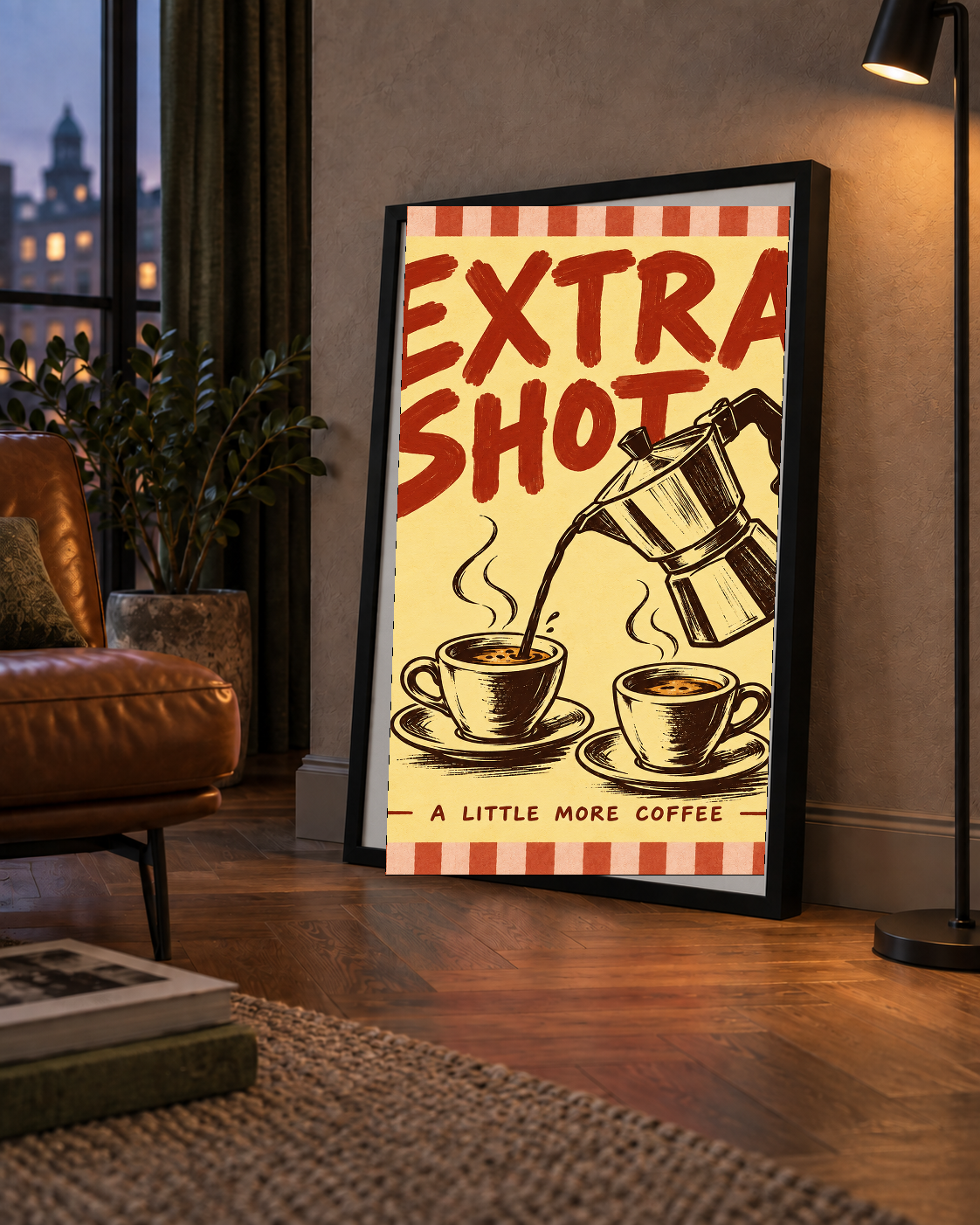 Retro Moka Pot ve Kahve Çizimli Poster – EXTRA SHOT
