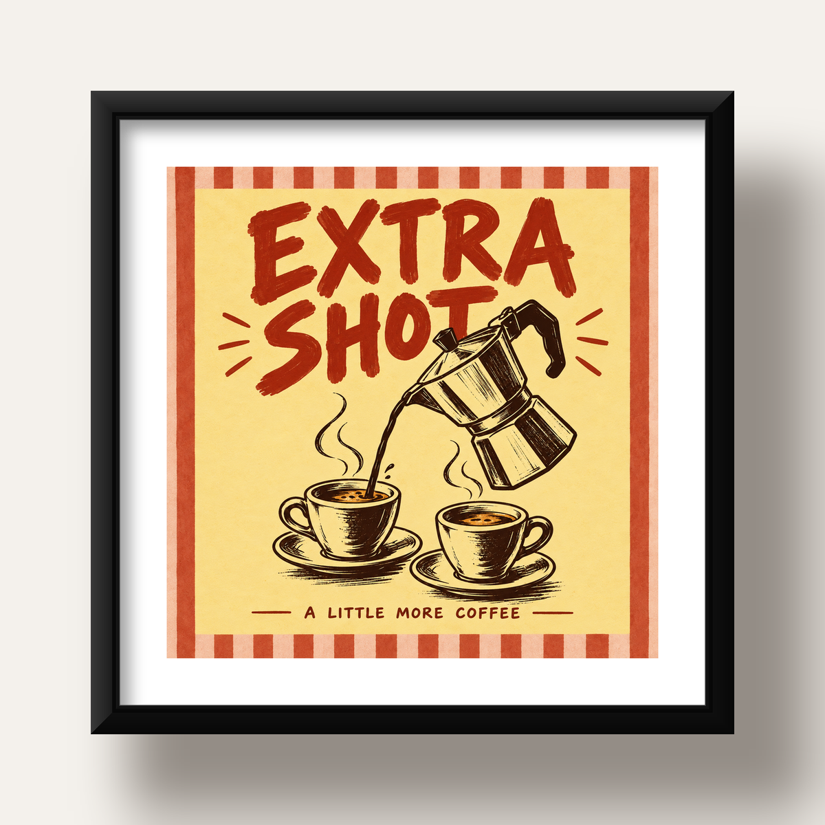 Retro Moka Pot ve Kahve Çizimli Poster – EXTRA SHOT — siyah derin çerçeveli paspartulu