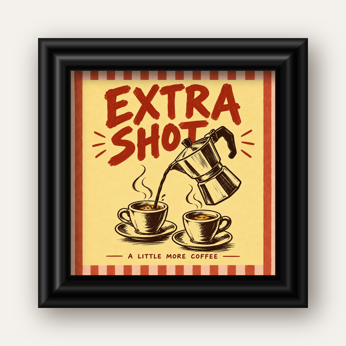 Retro Moka Pot ve Kahve Çizimli Poster – EXTRA SHOT — siyah galeri çerçeveli