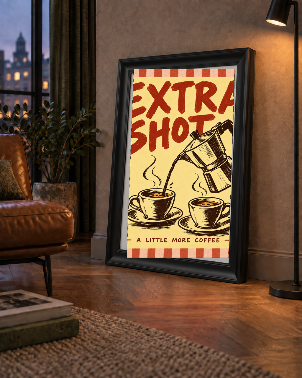 Retro Moka Pot ve Kahve Çizimli Poster – EXTRA SHOT