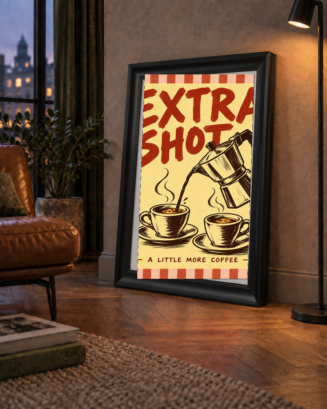 Retro Moka Pot ve Kahve Çizimli Poster – EXTRA SHOT