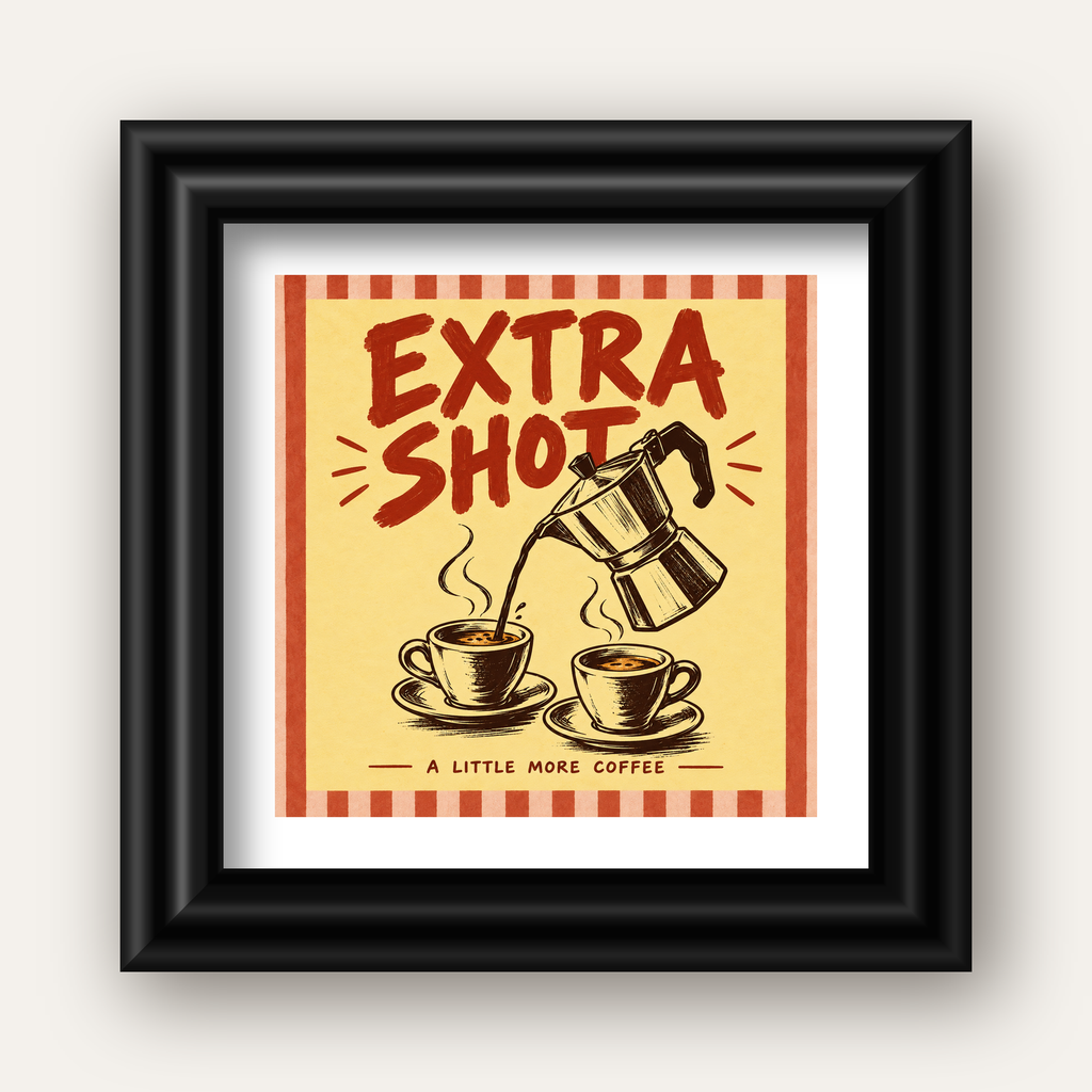 Retro Moka Pot ve Kahve Çizimli Poster – EXTRA SHOT — siyah galeri çerçeveli paspartulu