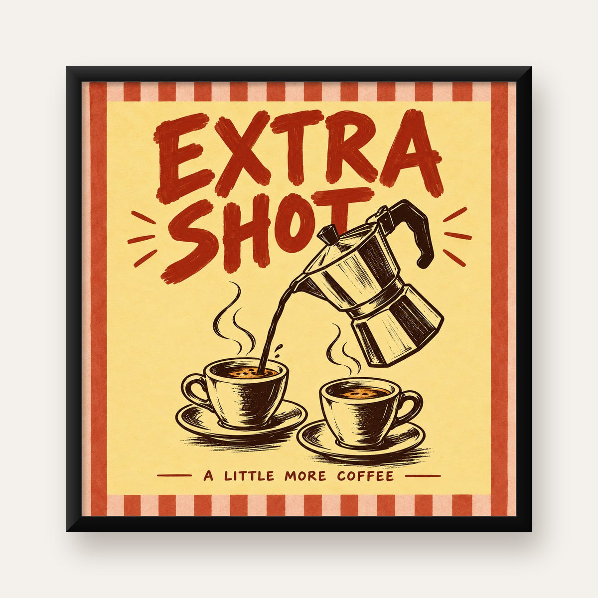 Retro Moka Pot ve Kahve Çizimli Poster – EXTRA SHOT — Kare baskı, düz siyah çerçeveli duvar posteri