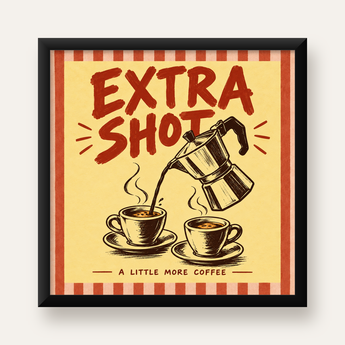 Retro Moka Pot ve Kahve Çizimli Poster – EXTRA SHOT — Kare baskı, düz siyah çerçeveli duvar posteri
