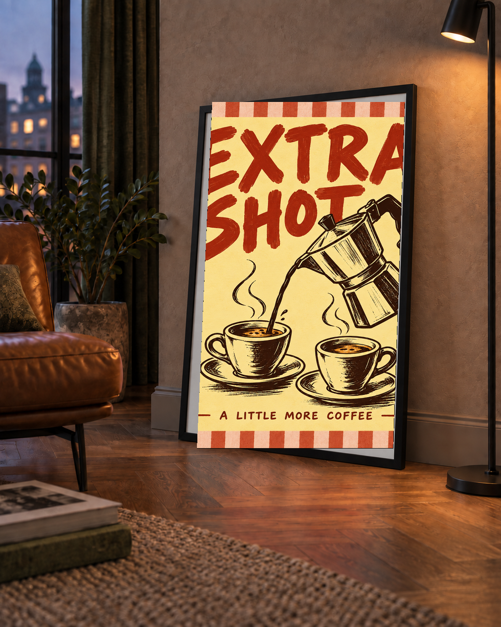 Retro Moka Pot ve Kahve Çizimli Poster – EXTRA SHOT