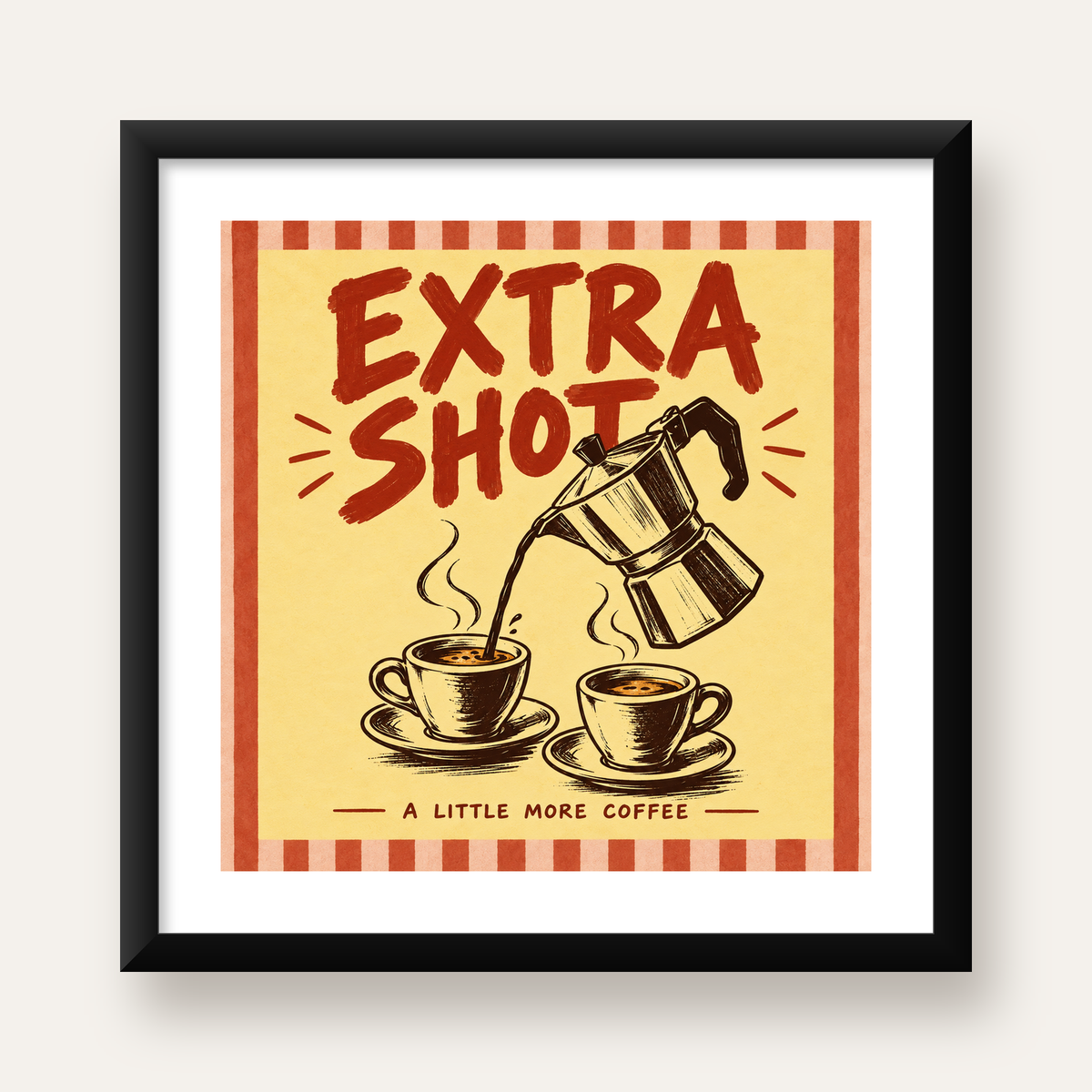 Retro Moka Pot ve Kahve Çizimli Poster – EXTRA SHOT — Kare baskı, beyaz paspartulu