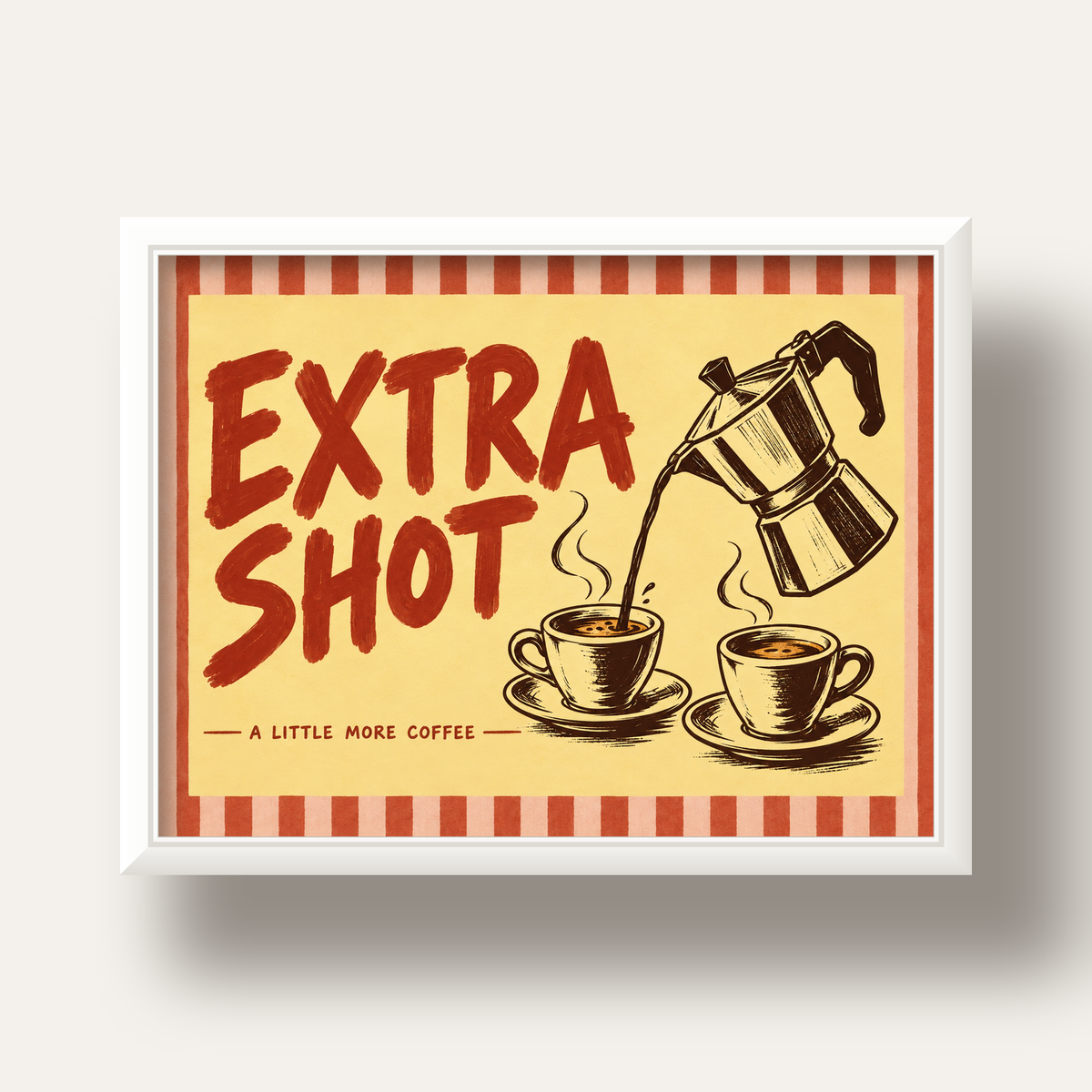 Retro Moka Pot ve Kahve Çizimli Poster – EXTRA SHOT — beyaz derin çerçeveli