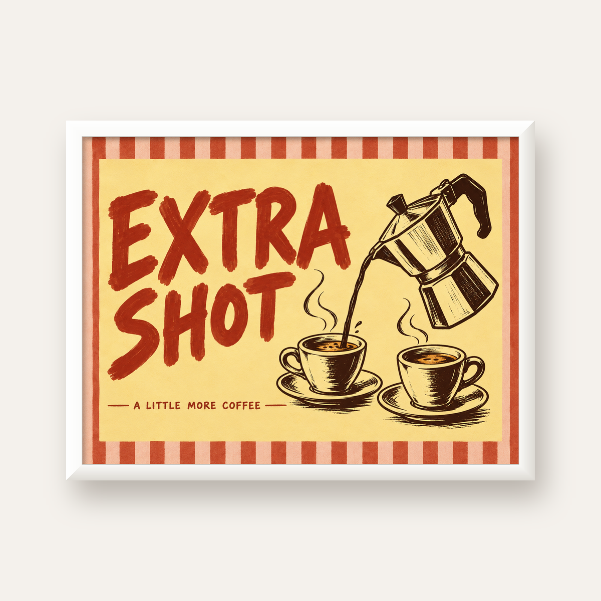 Retro Moka Pot ve Kahve Çizimli Poster – EXTRA SHOT — beyaz çerçeveli yatay poster