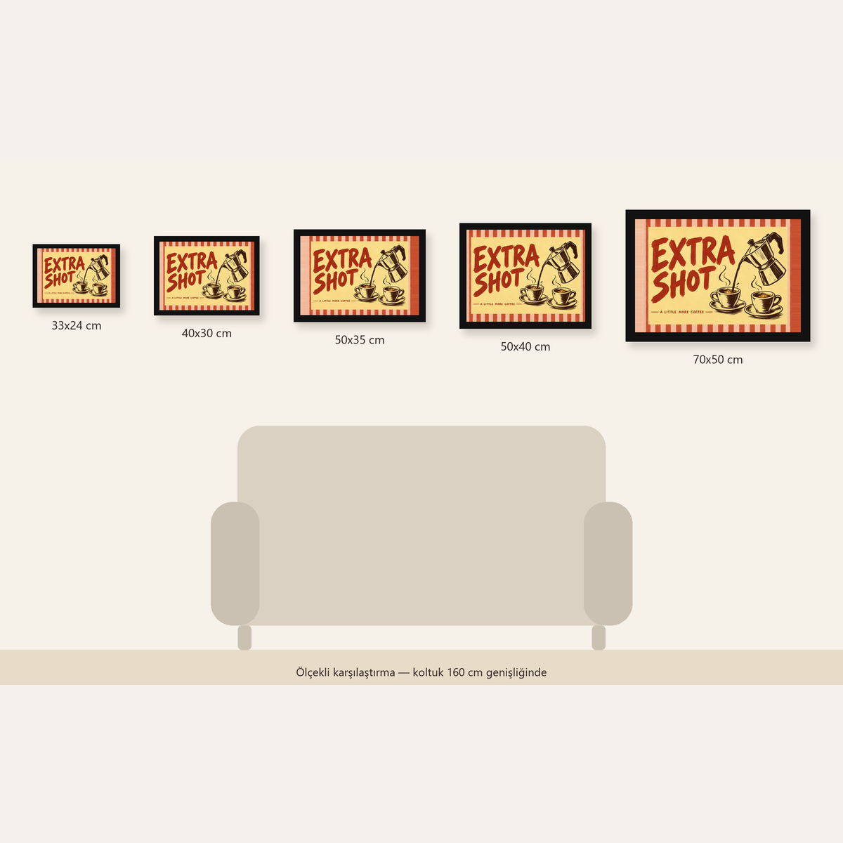 Retro Moka Pot ve Kahve Çizimli Poster – EXTRA SHOT — Yatay ölçülerinin karşılaştırması