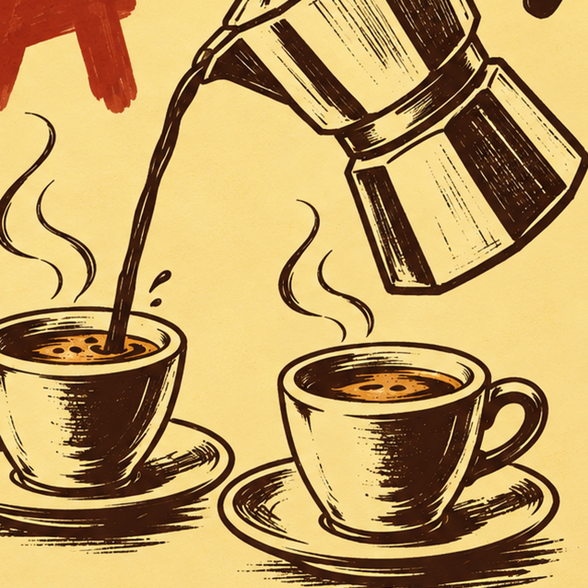 Retro Moka Pot ve Kahve Çizimli Poster – EXTRA SHOT — baskının yakın çekimi, kâğıt dokusu ve renk detayı