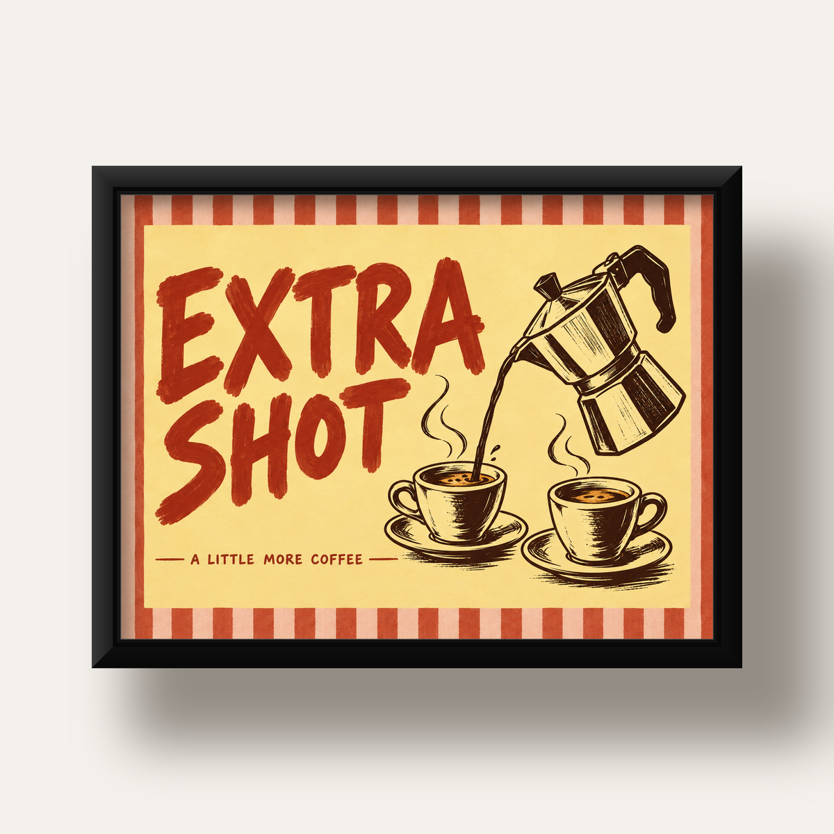 Retro Moka Pot ve Kahve Çizimli Poster – EXTRA SHOT — siyah derin çerçeveli