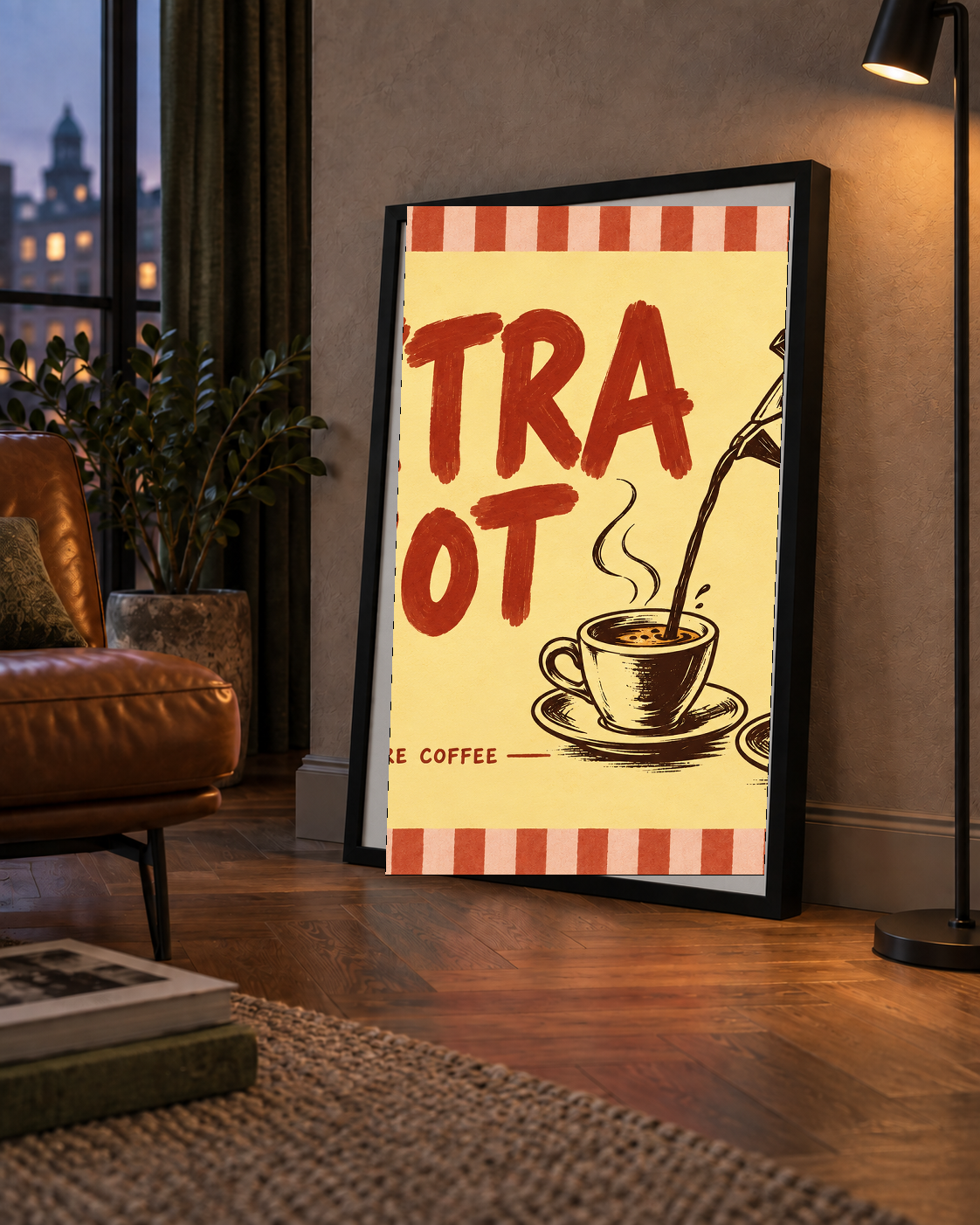 Retro Moka Pot ve Kahve Çizimli Poster – EXTRA SHOT