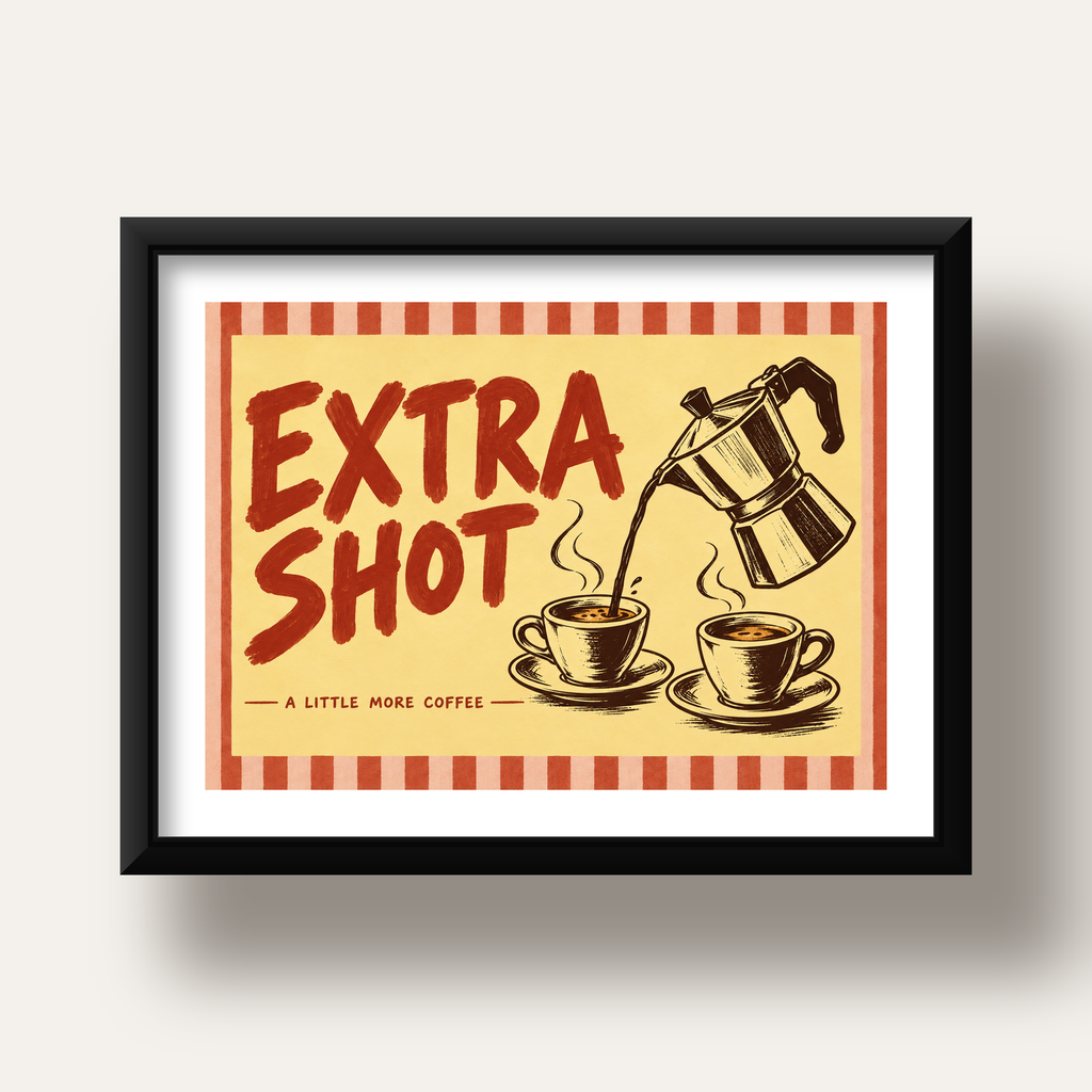 Retro Moka Pot ve Kahve Çizimli Poster – EXTRA SHOT — siyah derin çerçeveli paspartulu