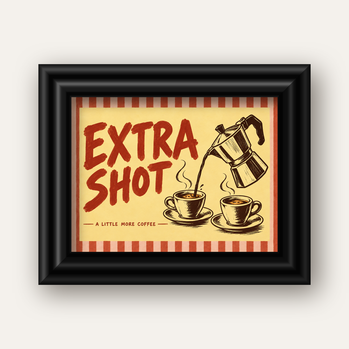 Retro Moka Pot ve Kahve Çizimli Poster – EXTRA SHOT — siyah galeri çerçeveli