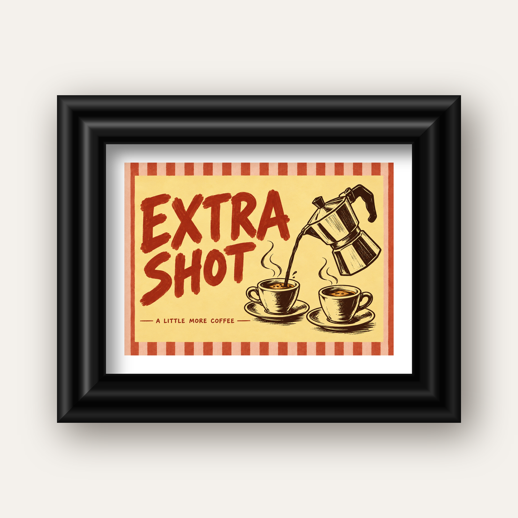 Retro Moka Pot ve Kahve Çizimli Poster – EXTRA SHOT — siyah galeri çerçeveli paspartulu