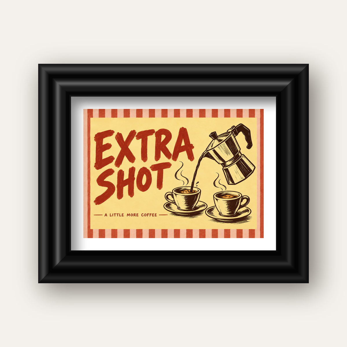 Retro Moka Pot ve Kahve Çizimli Poster – EXTRA SHOT — siyah galeri çerçeveli paspartulu
