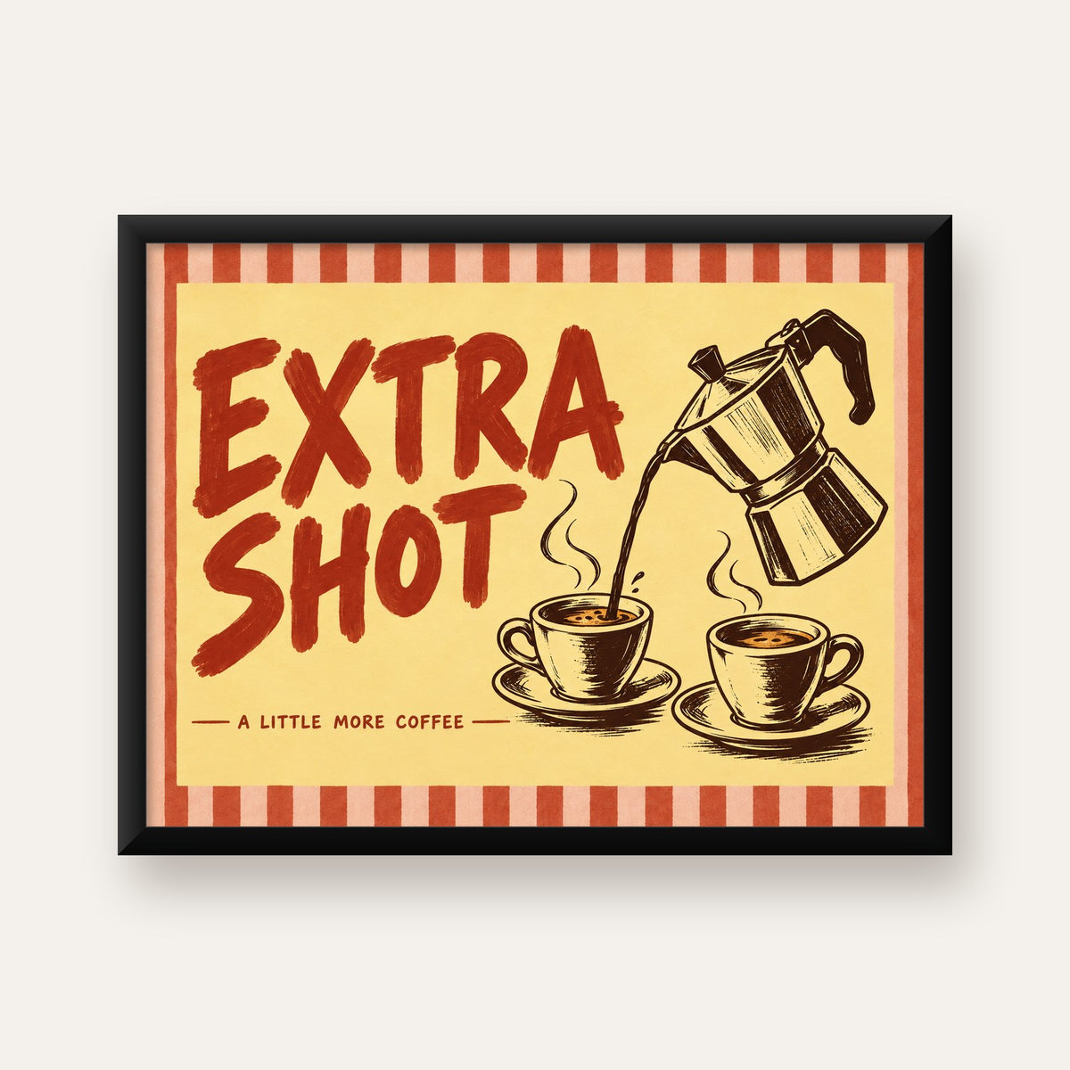 Retro Moka Pot ve Kahve Çizimli Poster – EXTRA SHOT — Yatay baskı, düz siyah çerçeveli duvar posteri