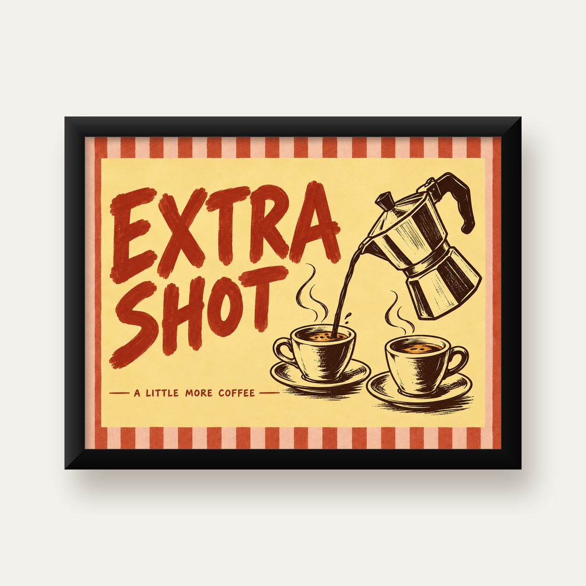Retro Moka Pot ve Kahve Çizimli Poster – EXTRA SHOT — Yatay baskı, düz siyah çerçeveli duvar posteri