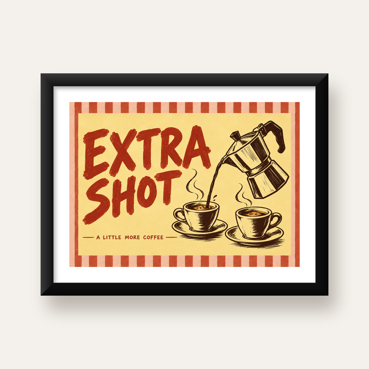 Retro Moka Pot ve Kahve Çizimli Poster – EXTRA SHOT — Yatay baskı, beyaz paspartulu