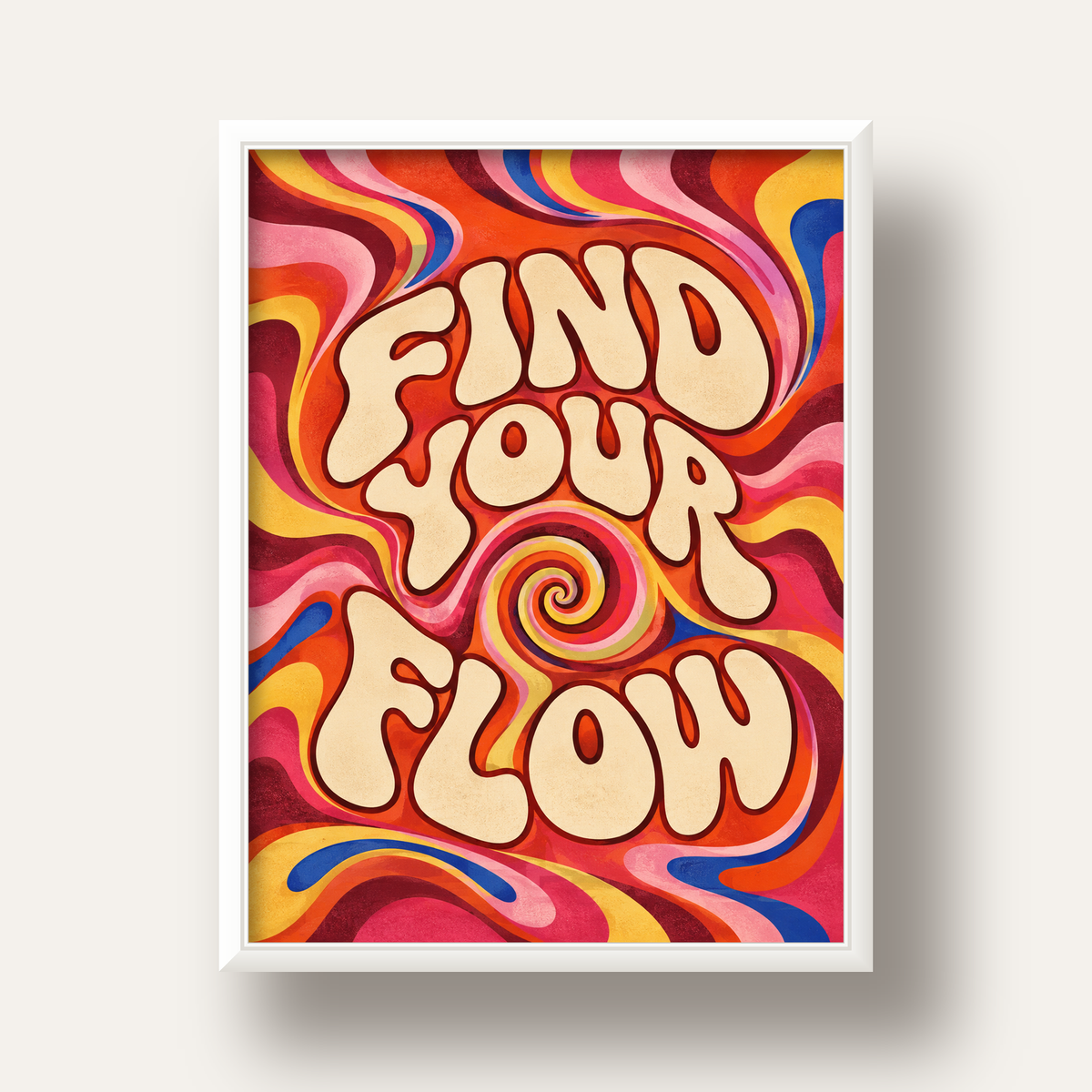 Find Your Flow Psikedelik Yoga Tipografi Poster — beyaz derin çerçeveli