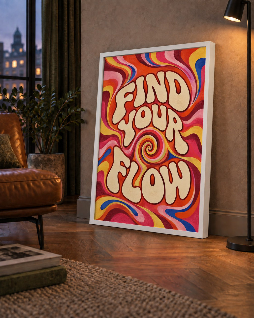 Find Your Flow Psikedelik Yoga Tipografi Poster — çerçeveli hâliyle bir ev duvarında