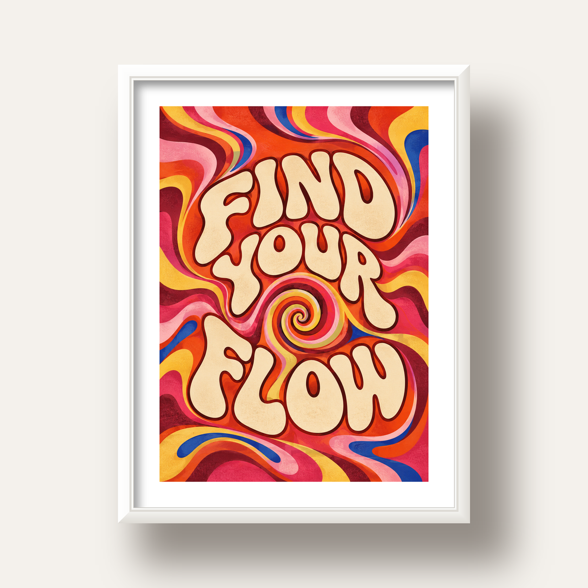 Find Your Flow Psikedelik Yoga Tipografi Poster — beyaz derin çerçeveli paspartulu