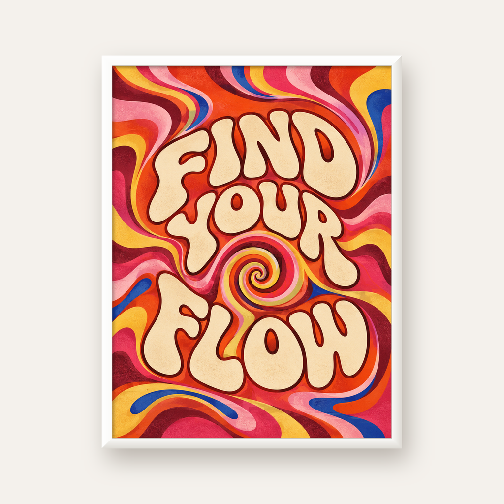 Find Your Flow Psikedelik Yoga Tipografi Poster — beyaz çerçeveli dikey poster