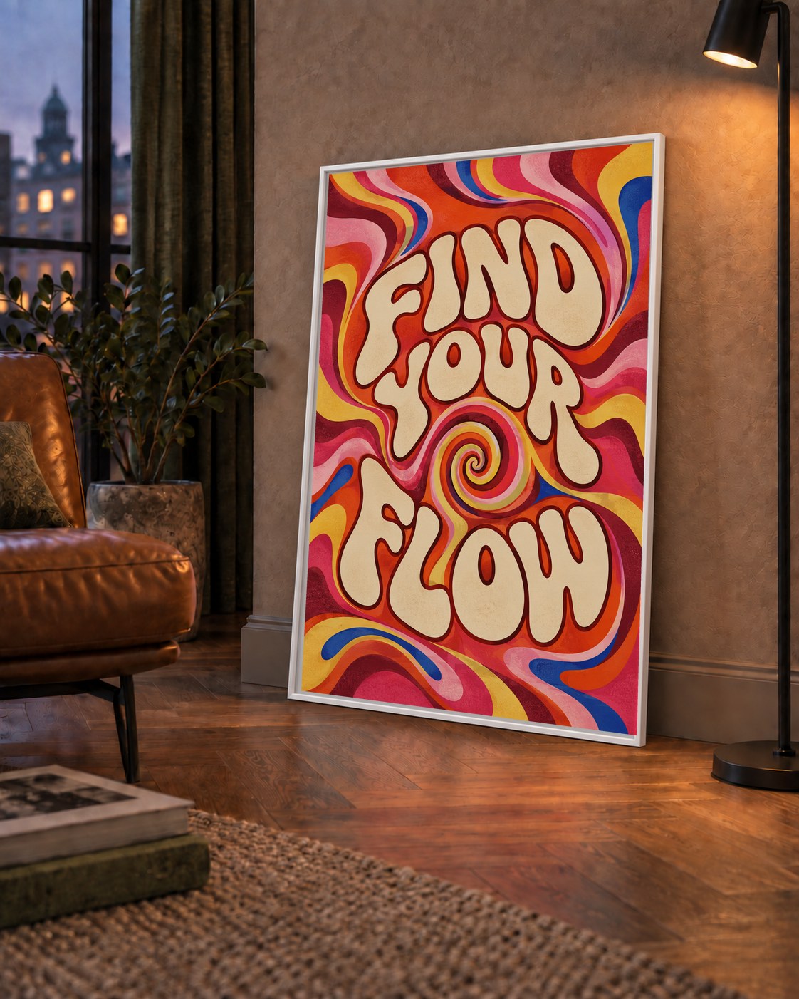 Find Your Flow Psikedelik Yoga Tipografi Poster — çerçeveli hâliyle bir ev duvarında