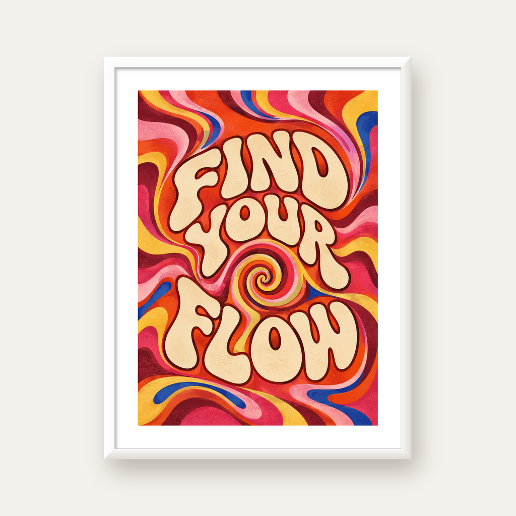 Find Your Flow Psikedelik Yoga Tipografi Poster — beyaz çerçeveli dikey poster