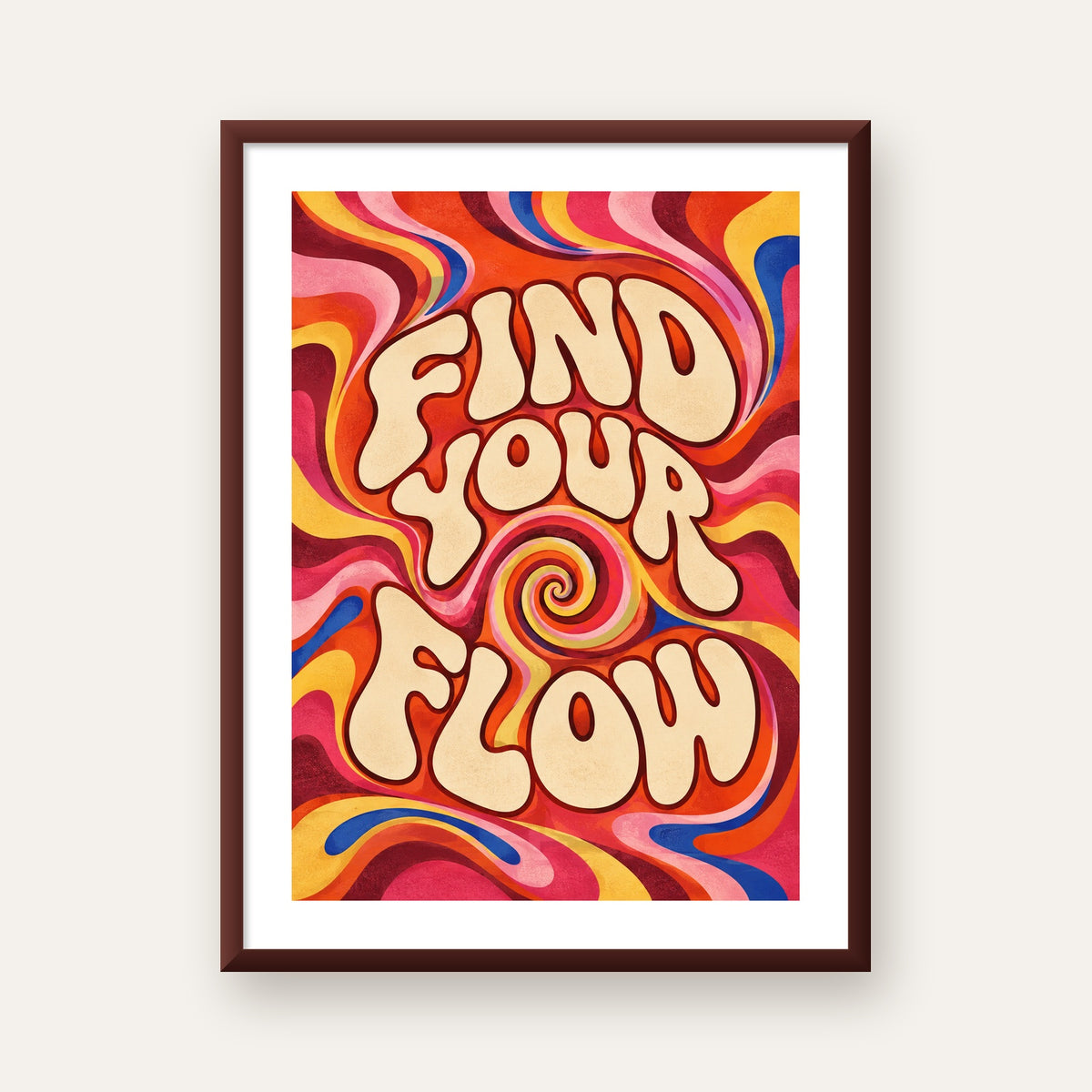Find Your Flow Psikedelik Yoga Tipografi Poster — ceviz çerçeveli paspartulu